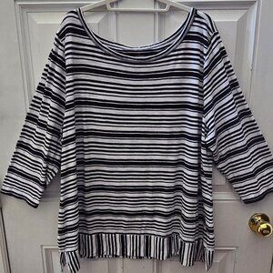 T by Talbots Womens Top 3X White Navy Striped 3/4 Sleeve Round Neck
